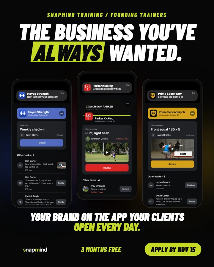 Three phones showing trainer brands on SnapMind Training, with three months free for Founding Trainers who apply by November 15
