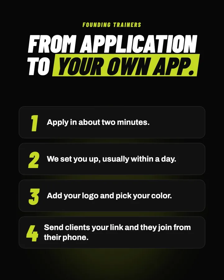 Four steps from application to your own app: apply, we set you up, add your logo and color, then send clients your link