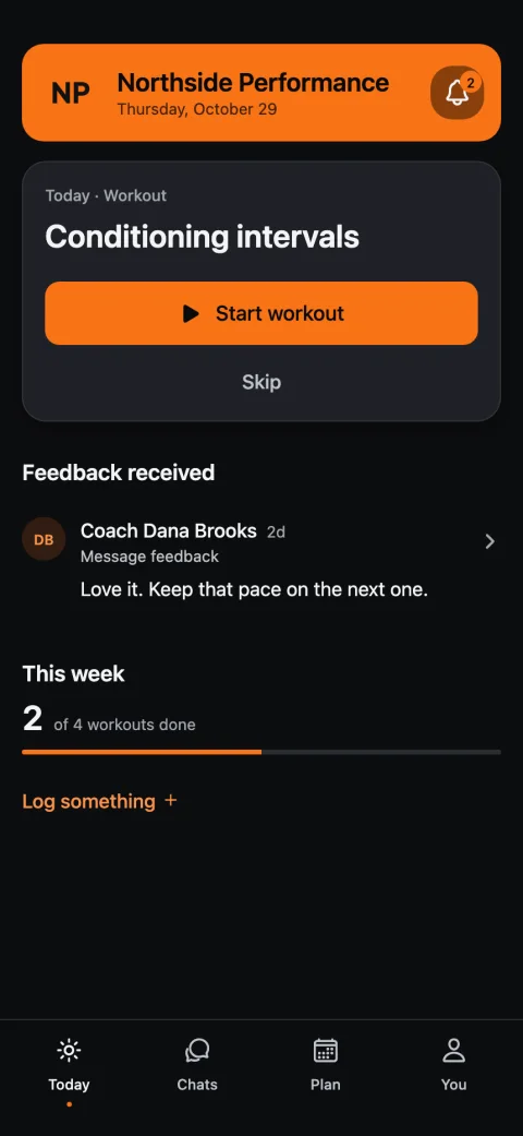 A Downtown member's Today screen in the Northside Performance app: conditioning intervals to start and feedback from Coach Dana Brooks