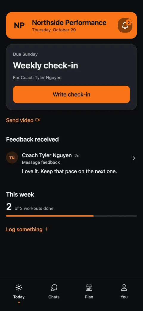 A Round Rock member's Today screen in the Northside Performance app: the weekly check-in for Coach Tyler Nguyen