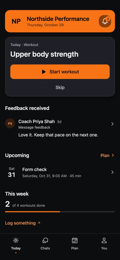 A Westlake member's Today screen in the Northside Performance app: upper body strength today and a form check on Saturday with Coach Priya Shah