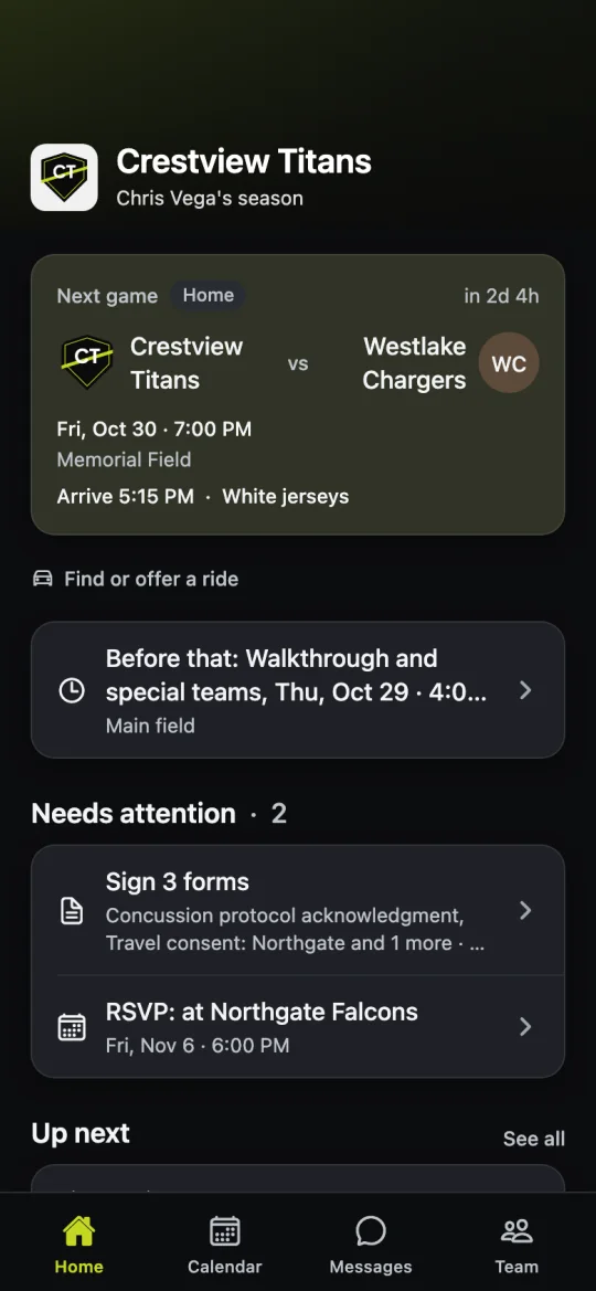 A parent's home screen for Chris Vega's season with the Crestview Titans, showing the next game against the Westlake Chargers and the forms left to sign