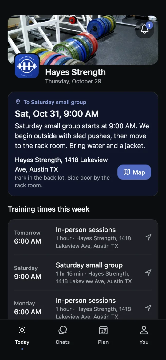 A client's Today screen in the Hayes Strength app, with the Saturday small group update pinned at the top and this week's training times