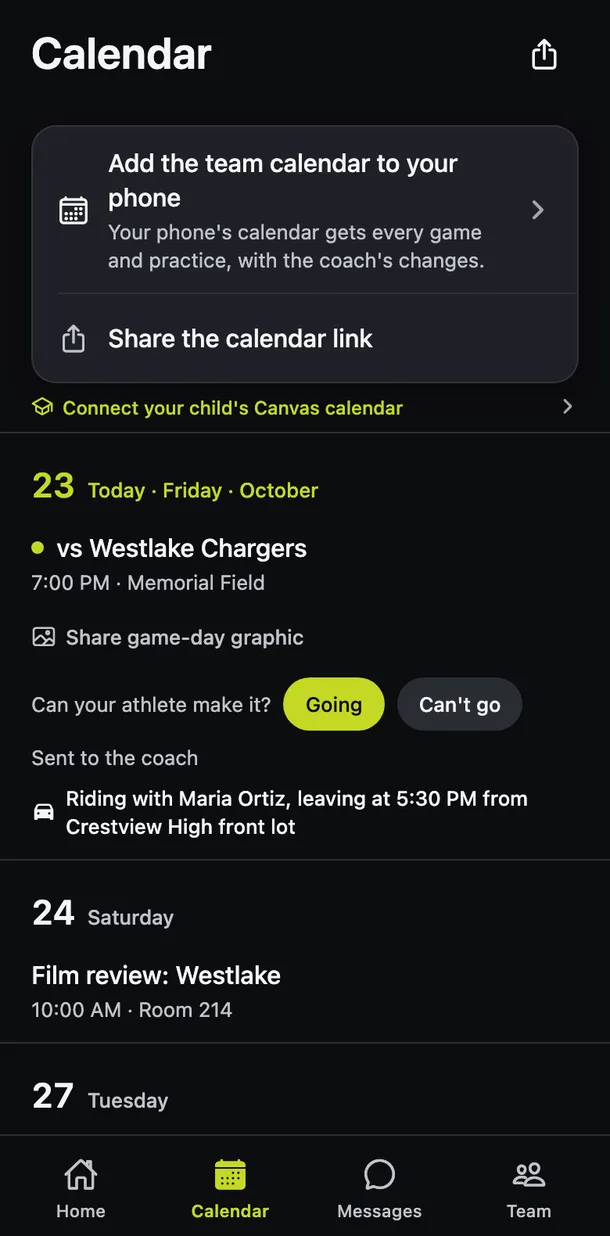 The parent calendar: a button to add the team calendar to the phone, Friday's game with Going selected, and the athlete's ride to the game