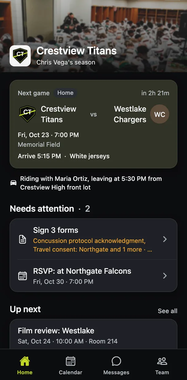 The parent Home screen: the next game against Westlake Chargers on Friday at 7:00 PM at Memorial Field, arrive by 5:15 PM in white jerseys, and the athlete's ride to the game