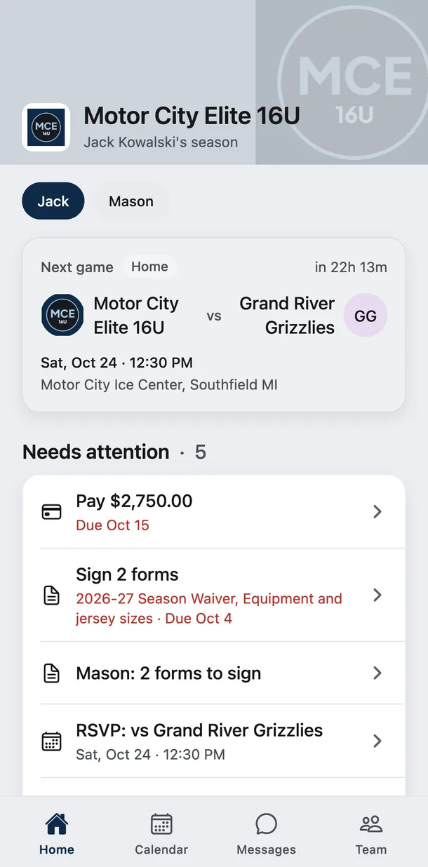 Parent Home in light mode for a family with two boys on a hockey team, with the next game and five things that need attention