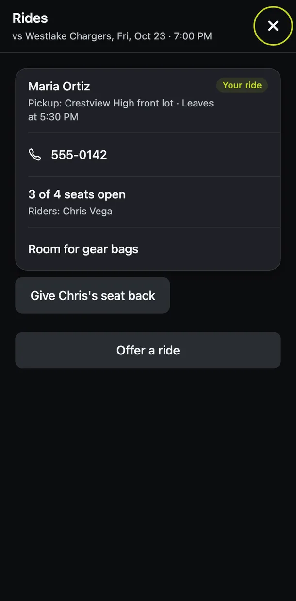 Rides for Friday's game: the driver, the pickup place, the time they leave, open seats and a button to give the athlete's seat back