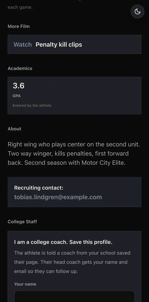 The college coach box on a recruiting page, explaining that the athlete is told and the head coach gets the college coach's name and email
