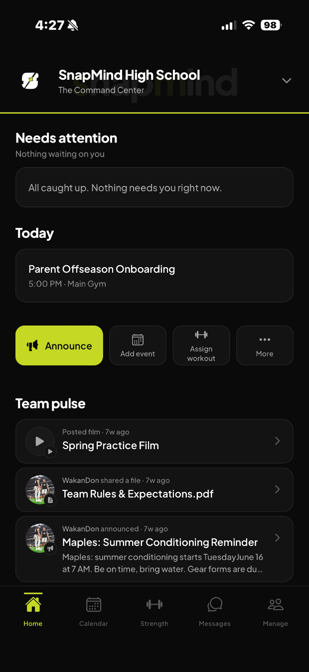 The SnapMind mobile app home screen showing today's schedule, quick actions and team pulse