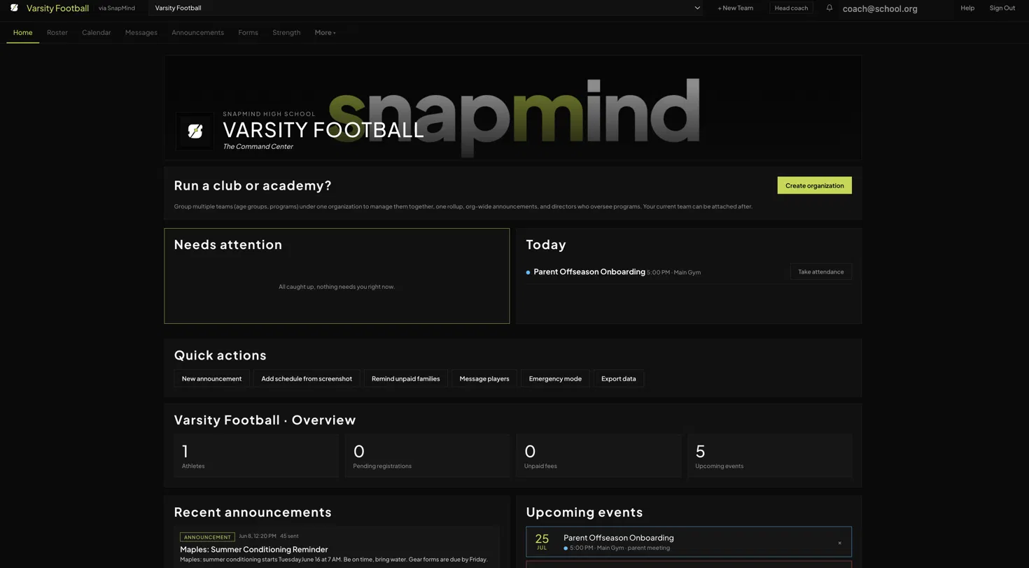 SnapMind coach console showing needs attention, today's schedule, quick actions and a team overview