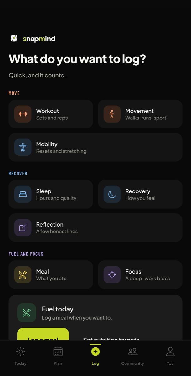 Log: move, recover, fuel and focus