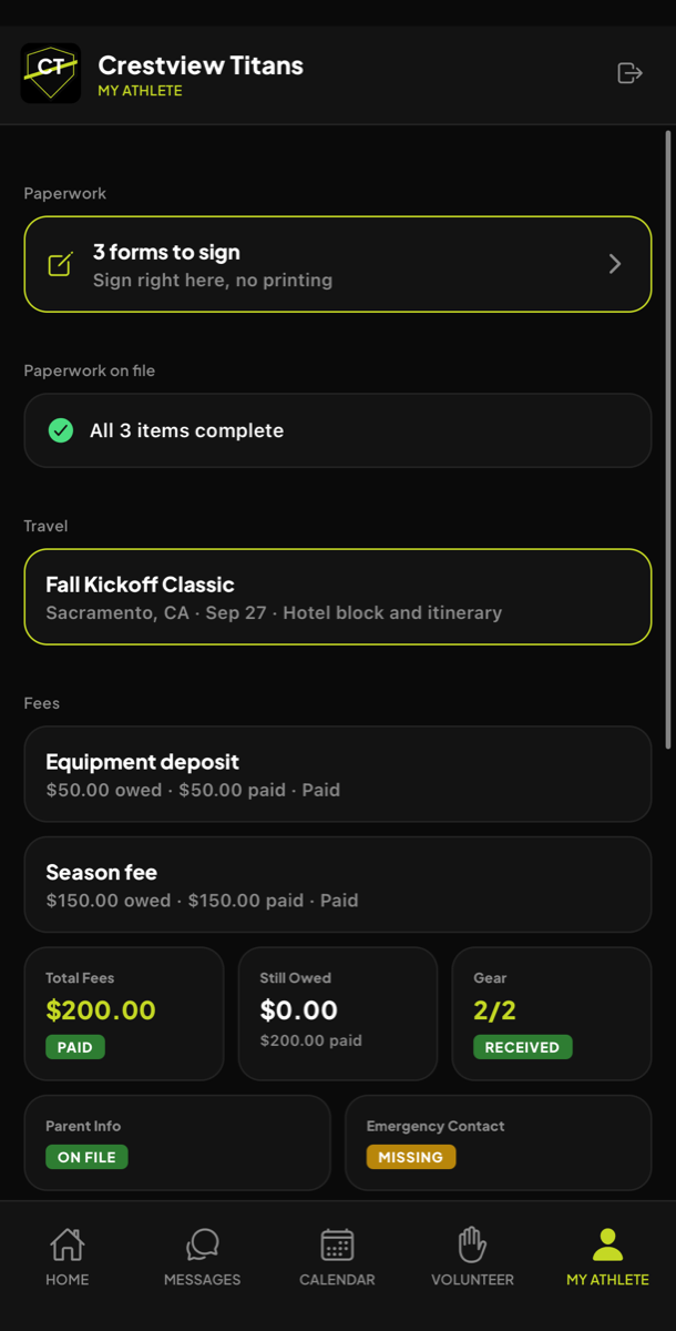 My athlete: 3 forms to sign, the Fall Kickoff Classic trip, fees paid, gear received