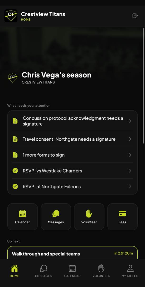 A parent's home: Chris Vega's season, forms needing a signature, RSVPs, and what is up next