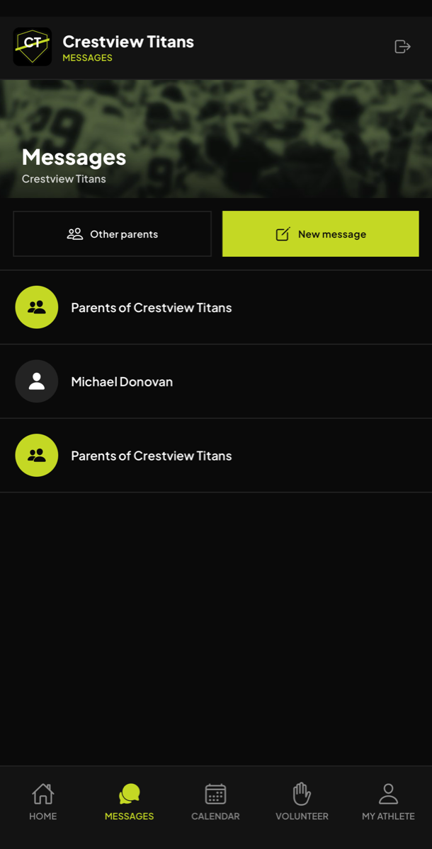 A parent's messages: parents of Crestview Titans, and a direct thread with the coach