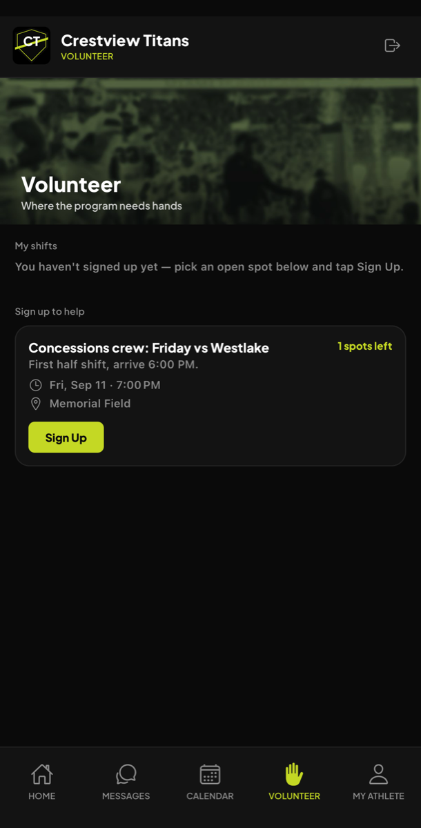 Volunteer: concessions crew for Friday's game, one spot left, sign up