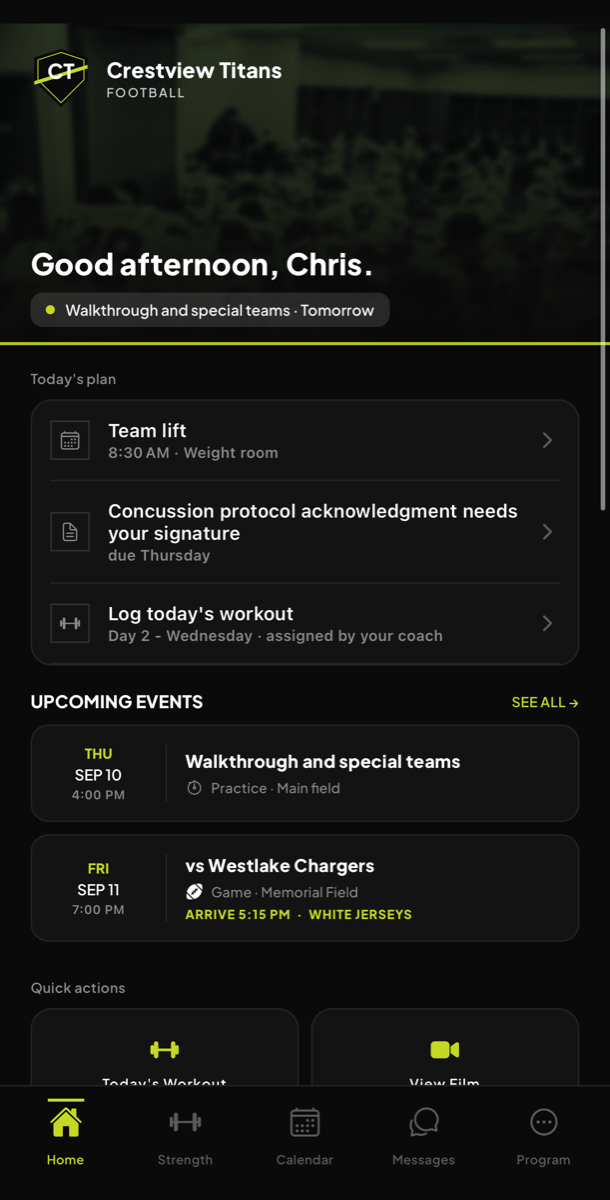 A player's home: today's plan with the team lift, a form to sign, today's workout, and upcoming events