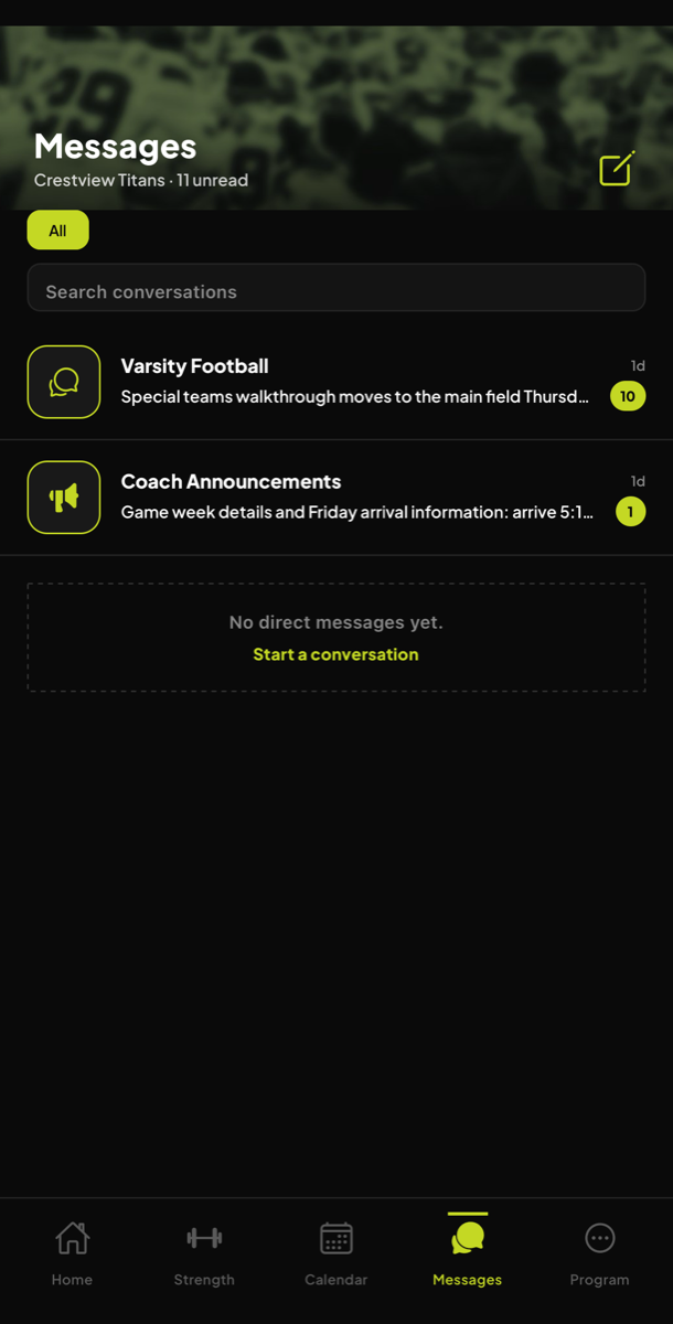 A player's messages: the Varsity Football thread and Coach Announcements, 11 unread