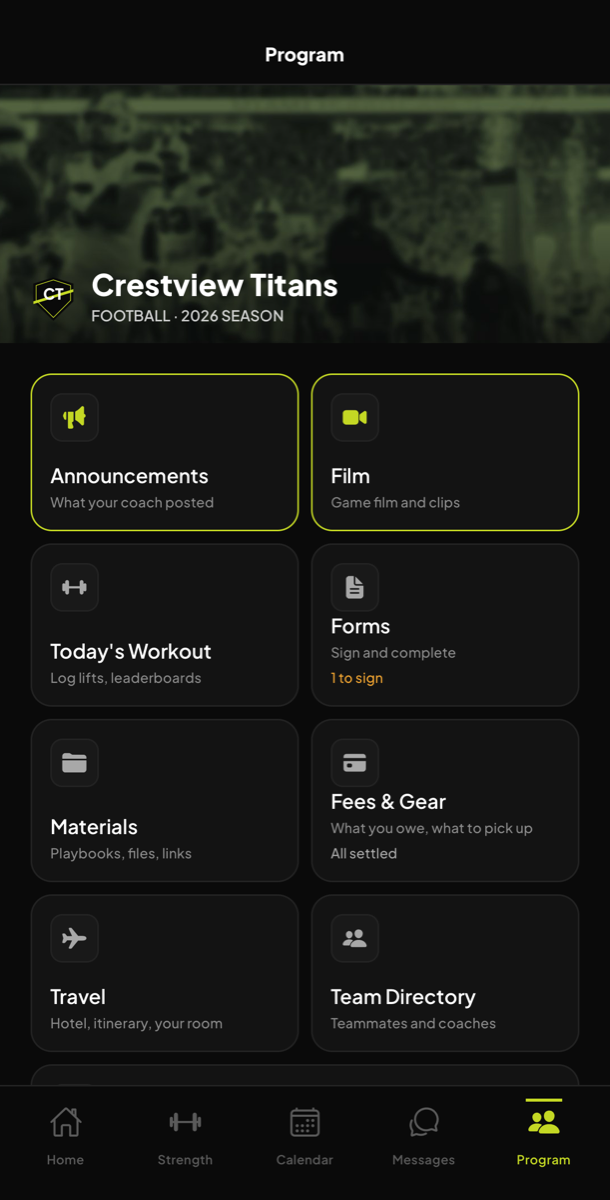 The Program tab for a player: announcements, film, today's workout, forms with 1 to sign, materials, fees and gear all settled, travel, team directory