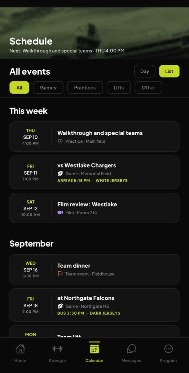 The schedule: walkthrough Thursday, home game Friday with arrive 5:15 and white jerseys, film Saturday