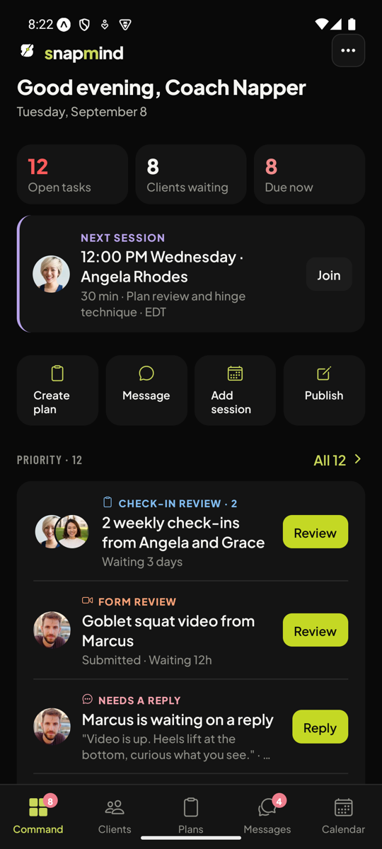 Command: open tasks, clients needing attention, due now, next session, the queue