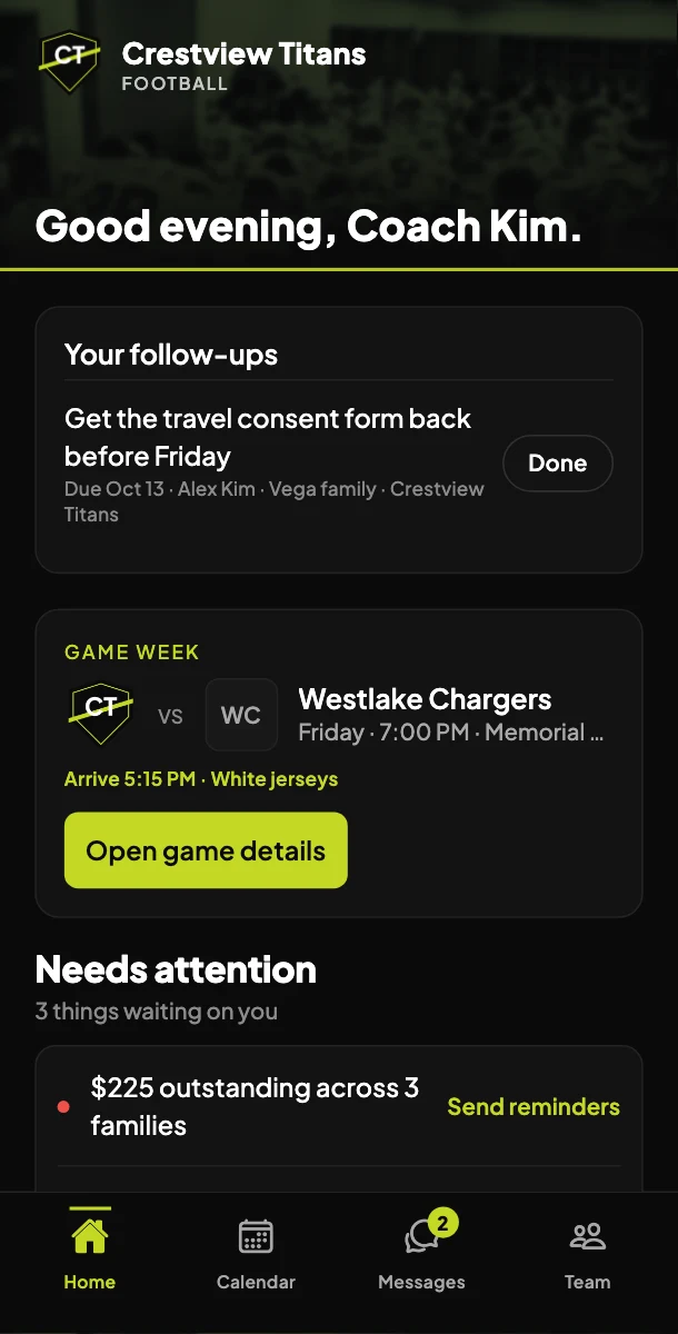 The coach's home screen
