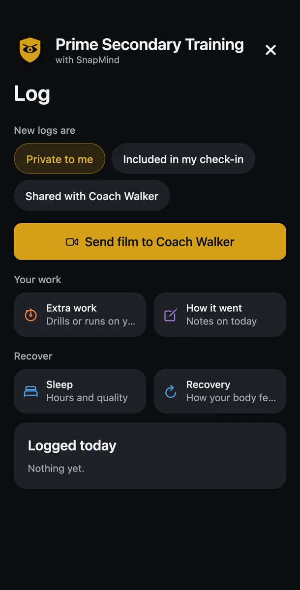 The Log screen: quick log, workout, movement, mobility, sleep, recovery and a meal