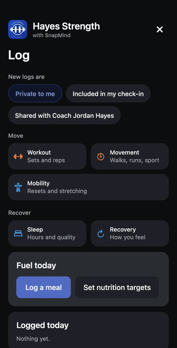The Log screen: workouts, movement, mobility, sleep, recovery and meals
