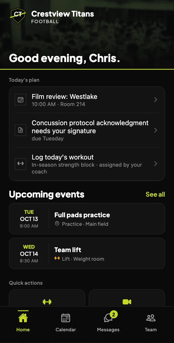 A player's home screen