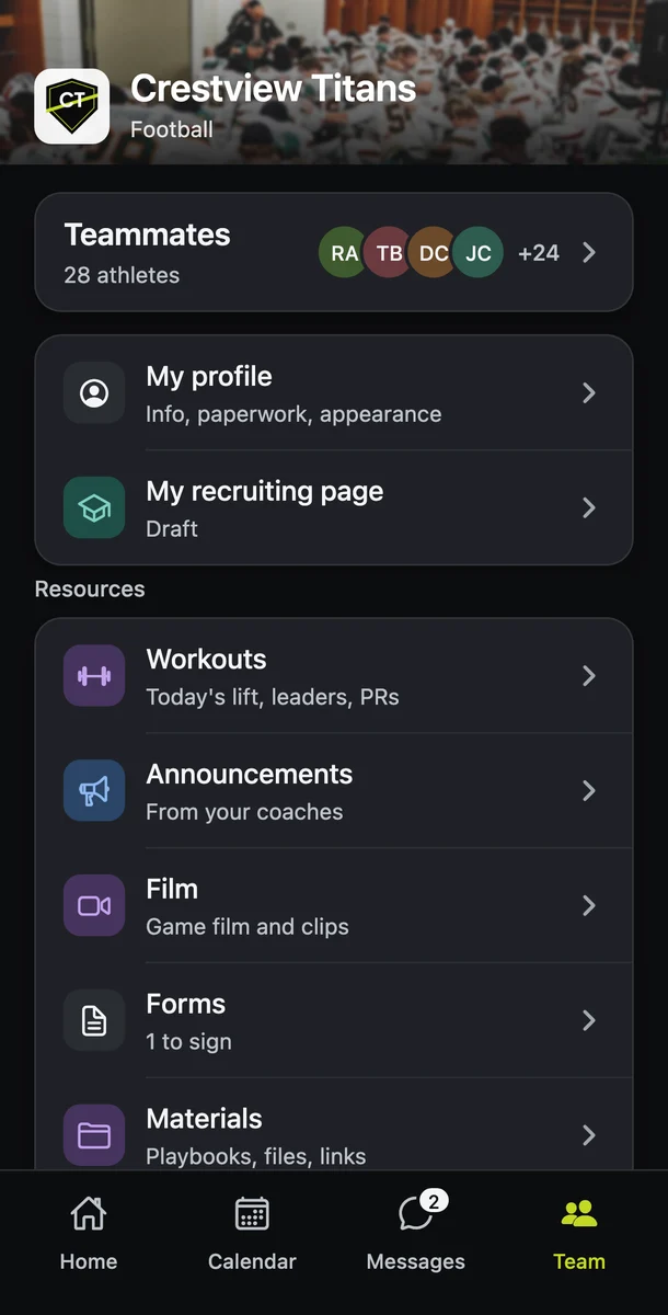 A player's team hub: teammates, their profile and recruiting page, workouts, film and forms in one place