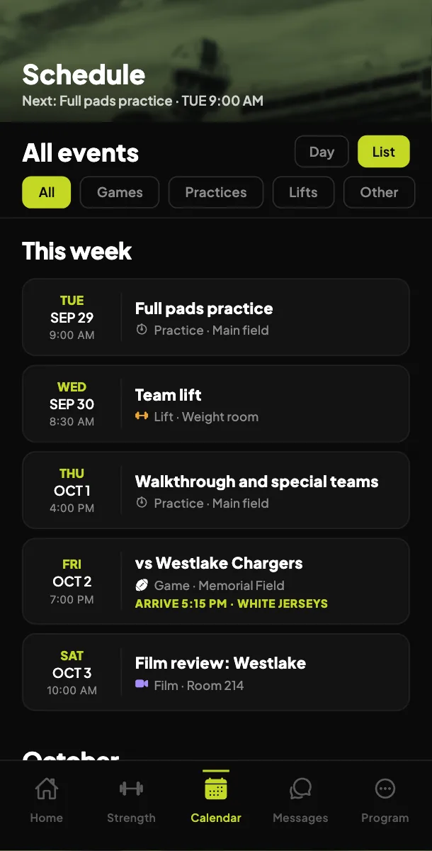 A player's schedule: full pads practice, team lift, walkthrough and special teams, then Friday's game with the arrival time and jersey color