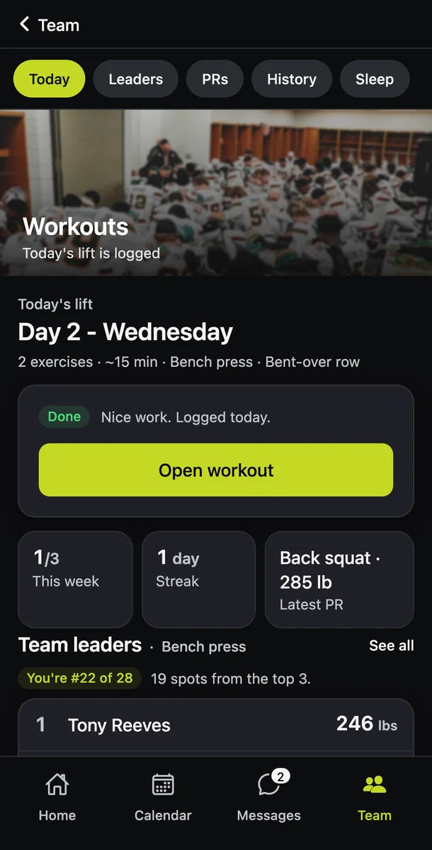 A player's workouts: today's lift ready before practice, their streak and the team leaders