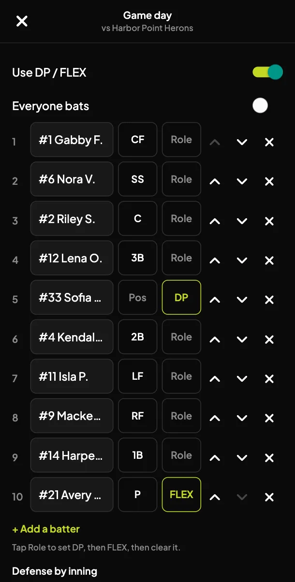 The Teams app on game day: a softball batting order of ten with a DP and a FLEX, each with a position