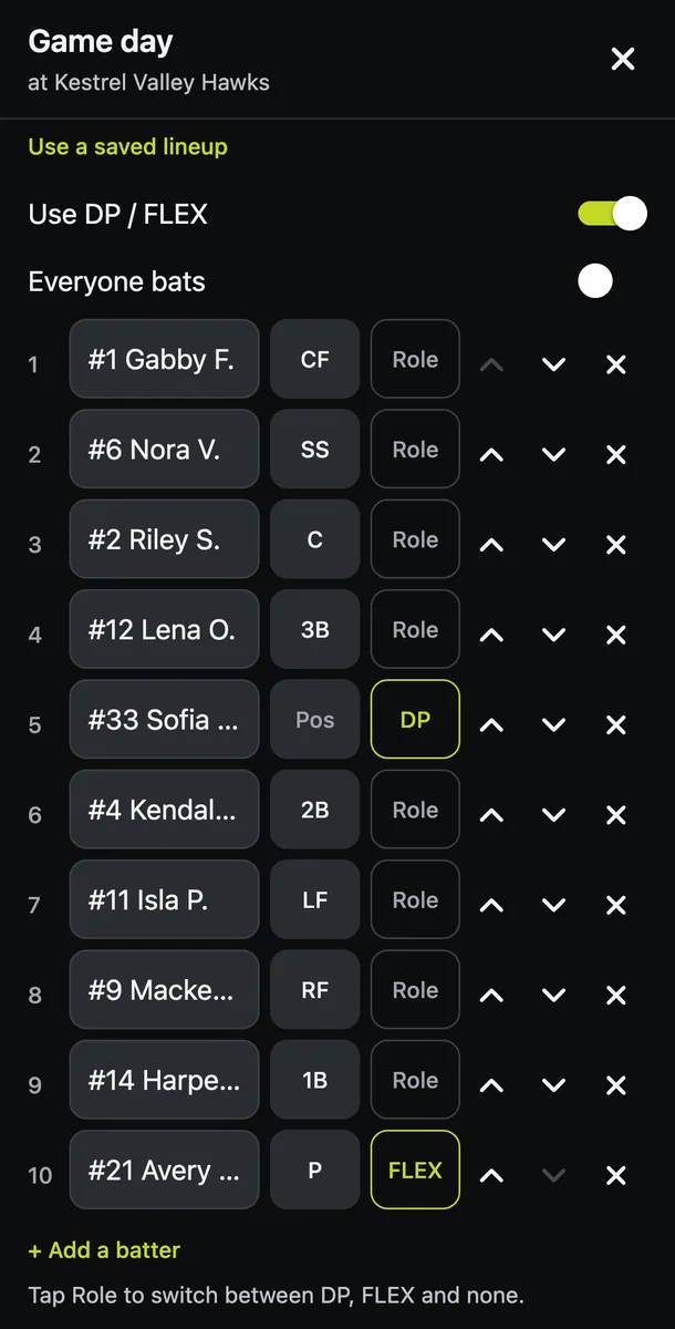 The Teams app on game day: a softball batting order of ten with a DP and a FLEX, each with a position