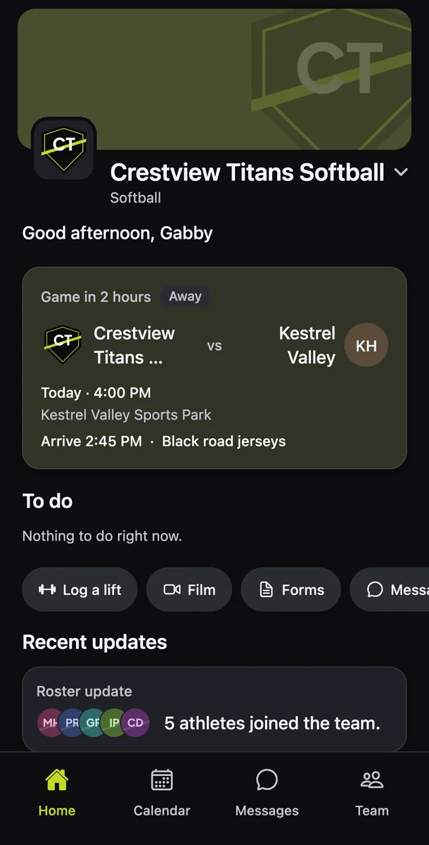 A softball player's home screen: the next practice, then Thursday's game with arrival time and home whites