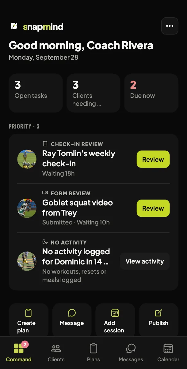 The trainer command screen on your phone: open tasks, clients needing attention, due now, next session, the queue