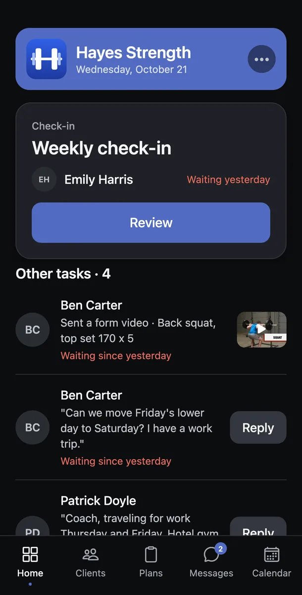 The trainer home screen on your phone: the next check-in to review, with every other client task listed below it