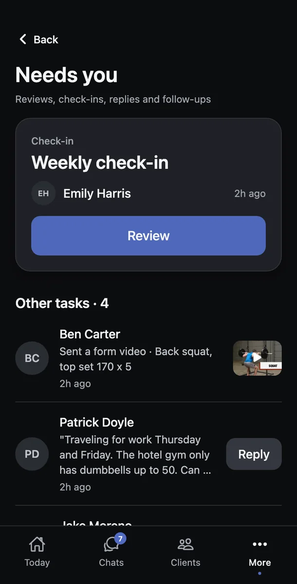 The trainer's Needs you list on the phone: the next check-in to review, with every other client task listed below it